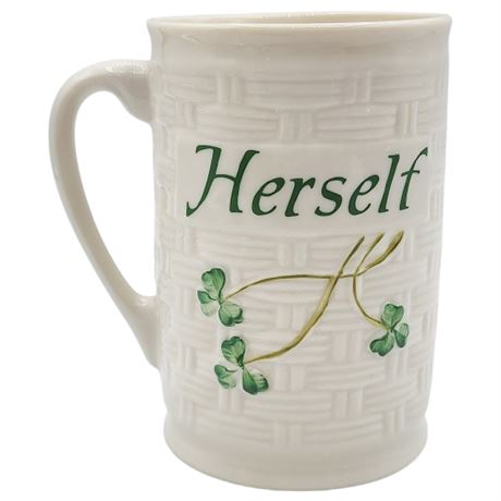 Belleek "Herself" Porcelain Basketweave & Shamrocks Mug