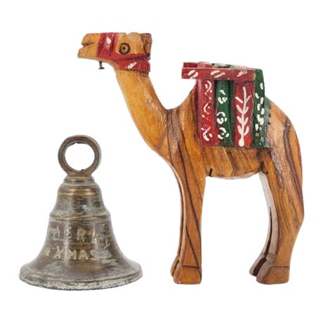 Vintage Brass Christmas Bell & Olivewood Camel Figurine