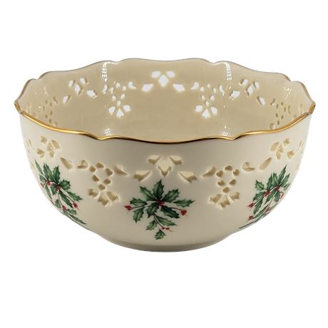 Lenox Holiday Pierced All-Purpose Gold Rimmed Holly Bowl