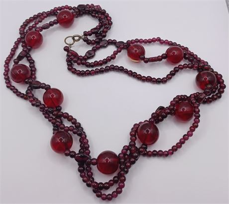 Czech Bohemian Three strand garnet and Glass ball necklace necklace
