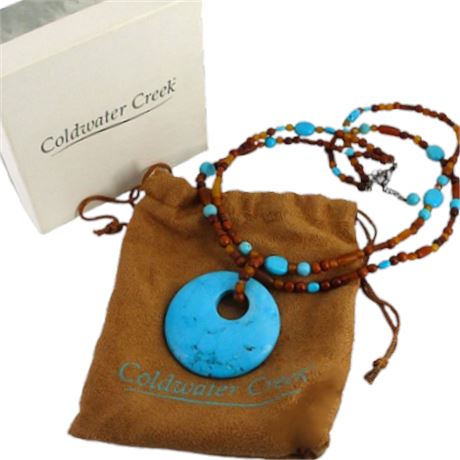 VTG COLDWATER CREEK Turquoise Stone Horn Beaded Double Strand Necklace in Box