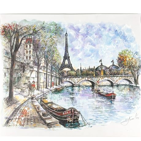 Print of Parisian Scene, Hand-Watercolored by Artist Jarol