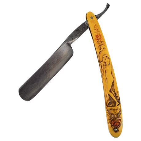 Vintage ERN Germany Art Nouveau Figural Nude Celluloid Handle Straight Razor