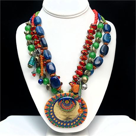 Bold Chunky Multi-Strand Colorful Beaded Necklace with Metal Enameled Pendant