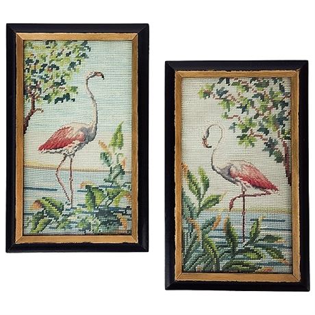 Pair Vintage 50s Hand Stitched Needlepoint Flamingo Scenes