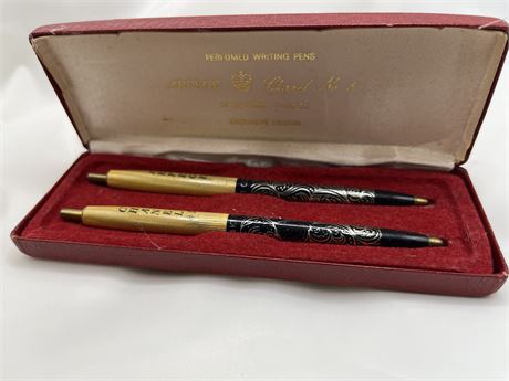 14 karat gold plated filigree, Chanel #5 writing pen set