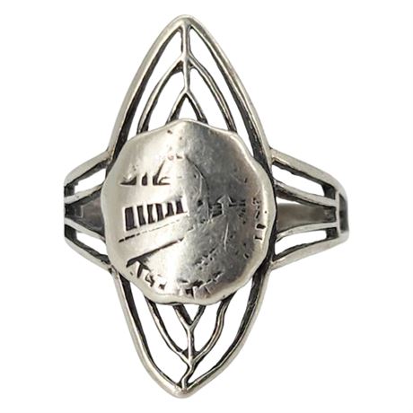 Vintage Art Deco Sterling Silver Souvenir Ring, Sz 4.25, Flawed