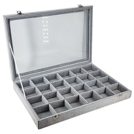 Gray Velour 24 Grid Jewelry Display Tray w/ Glass Lid & Latches