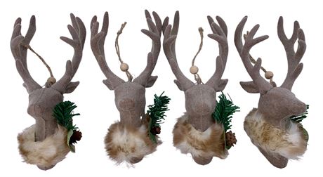 Four 7” Cocoa Velveteen Reindeer Holiday Ornaments
