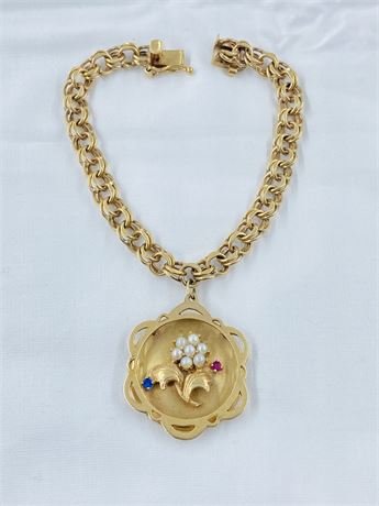 Vtg  24.5g 14k Gold Bracelet w/ Pearls, Ruby, Sapphire
