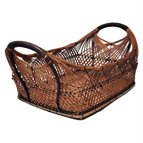 Large Elaborate Rattan Wicker Cane Handled Basket