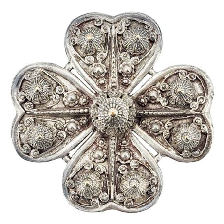 Vintage ETRUSCEANA Large Silver Tone Flower/Clover Brooch