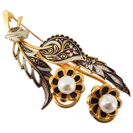 Vintage Spanish Damascene Style Flowers Brooch