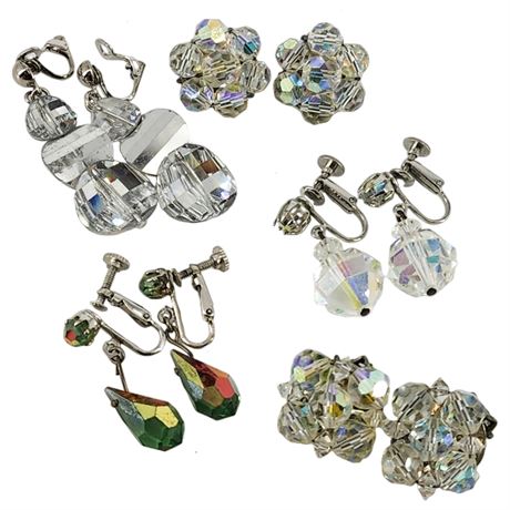 Five Pairs Vintage Faceted Crystal Clip Earrings