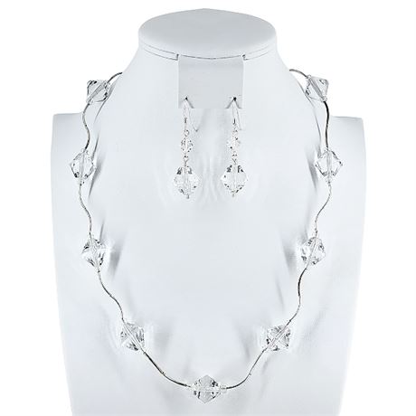 Artisan Made Crystal Bi-Cone & Liquid Metal Bead Necklace & Earrings Set