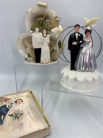1940s & 1960s Wedding Cake Toppers & NOS Vintage Satin Bridal Book
