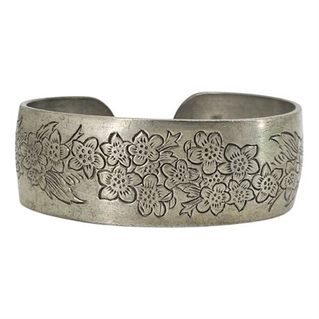 Vintage KIRK PEWTER "Larkspur" Floral Cuff Bracelet