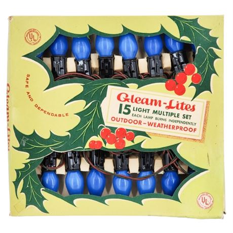 Vintage Gleam-Lites 15 Light Blue D14 Weatherproof Outdoor Christmas Lights