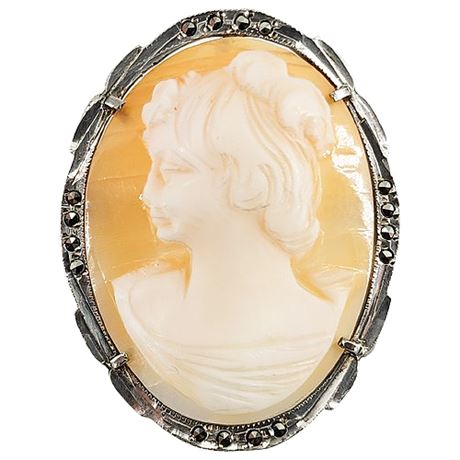 Antique 800 Silver Marcasite Carved Shell Cameo Brooch/Pendant