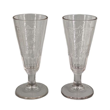 Pair Morlein's National Lager Beer Cincinnati Ohio Embossed Beer Footed Glass