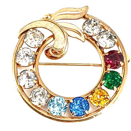 Vintage Gold-Tone Circle Brooch with Multicolor Rhinestones
