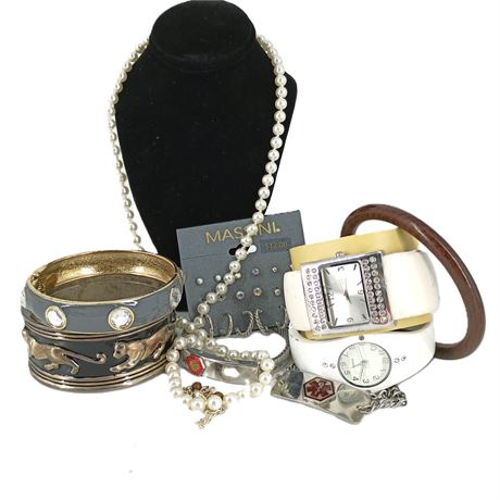 Eclectic Costume Jewelry Lot - Bracelets, Faux Pearl, Earrings
