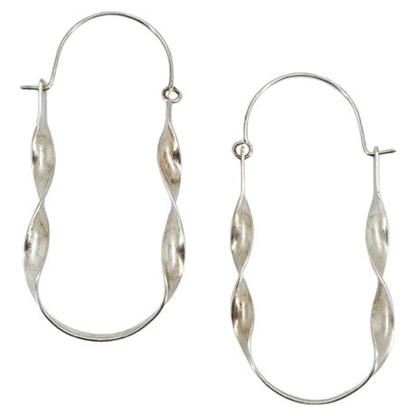 Vintage Artisan Made Sterling Silver Twisted Oval Hoop Earrings