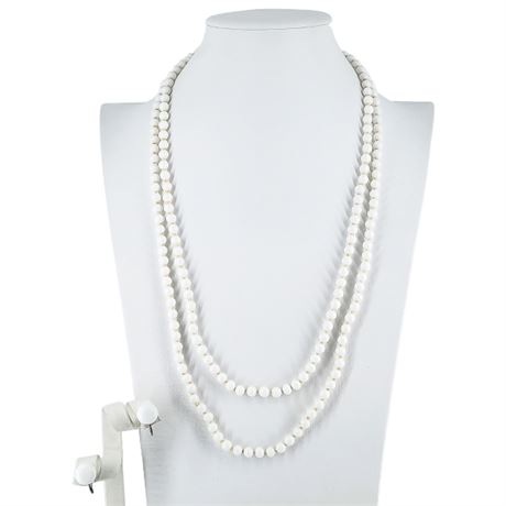 Vintage Hand Knotted Milk Glass Necklace & Screwback Earrings Set