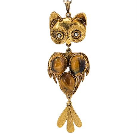 Vtg Large Articulated Wise Owl Pendant Necklace w/ Genuine Tiger Eye Stones