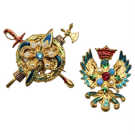 Pair Small Vintage Heraldic Brooches
