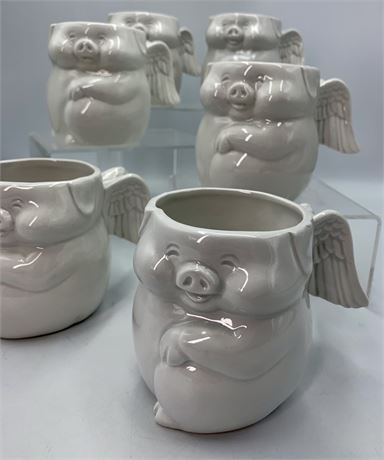 6 pc 1980 Fitz & Floyd Winged Pig Ceramic Mug Set