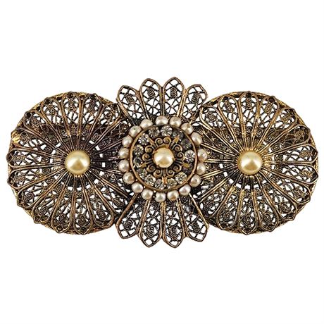 Vintage Gold Tone Filigree, Faux Pearl, & Rhinestone Brooch