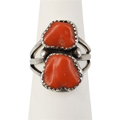 Native Sterling Silver Coral Ring, Sz 8.5