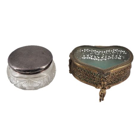 Brass Heart Shaped Jewelry Box / Glass Jar with Silver Plate Lid