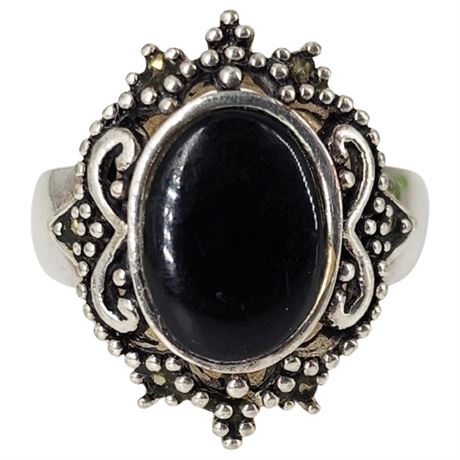 Signed MARSALA Silver Tone Faux Black Onyx Ring, Sz 9.5