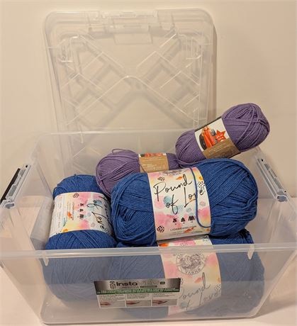 Lot Purple, Blue Yarn + Storage Container