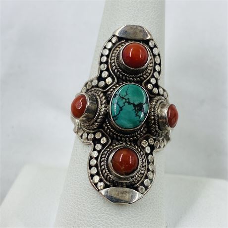 11g Sterling Coral + Turquoise Ring Size 8.5