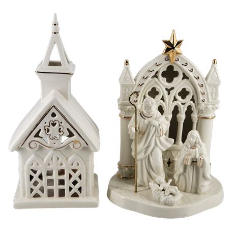 Vintage Porcelain White & Gold Nativity Scene & Church Candle Holder