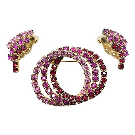 Unsigned Pink & Red Rhinestone Brooch & Earrings Set
