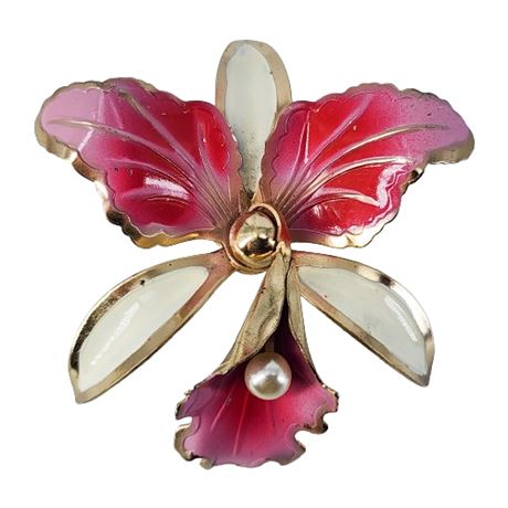 Dimensional Enameled Orchid Flower Brooch