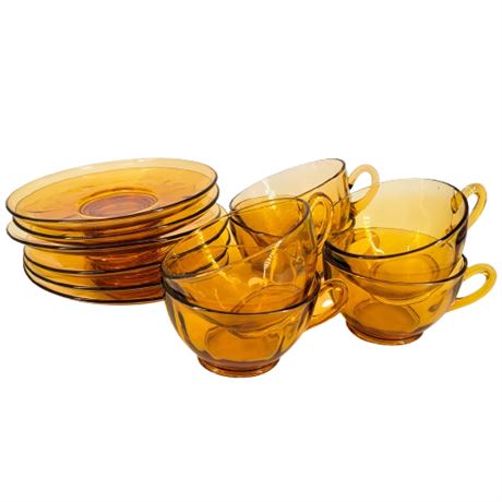Vintage 12pc Clear Amber Glass Cups and Saucers