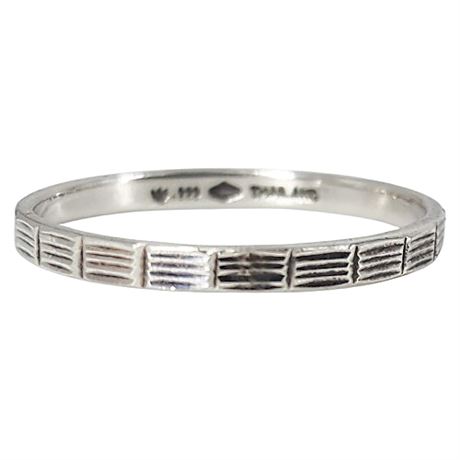 Vintage Thailand .999 Silver Etched Slim Band Ring, Sz 9.25