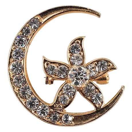 Vintage Rhinestone Crescent Moon & Flower Brooch