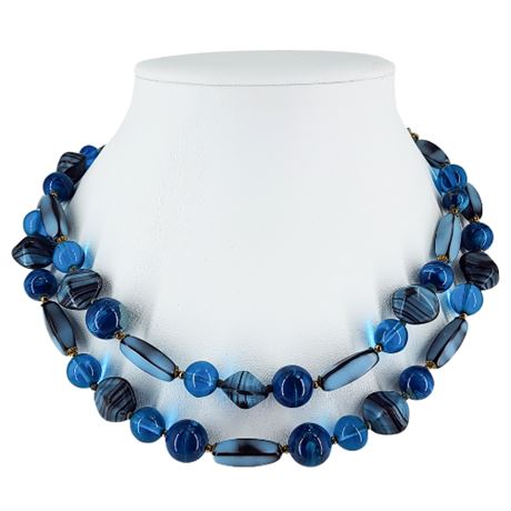 Vintage 2-Strand Blue Art Glass Beaded Necklace