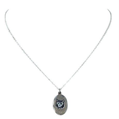 Vintage Pewter Kitten Face Charm Necklace