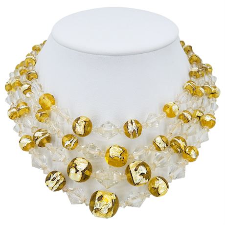 Vtg 4-Strand Art Glass & Faceted Crystal Beaded Necklace w/ Sterling Clasp