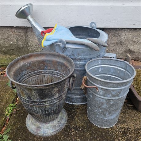 Galvanized Pot & Watering Can / Planter