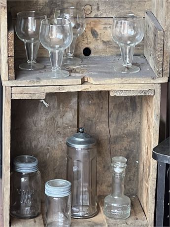 Wooden boxes and glass lot