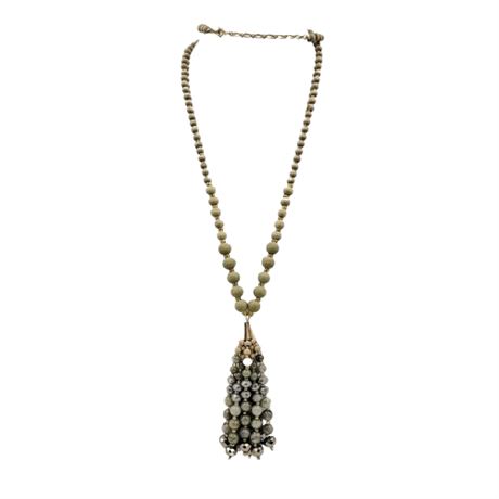 Long Strand Green and Gray Beaded Tassel Necklace