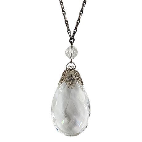 Sterling Silver Necklace w/ Faceted Crystal Drop